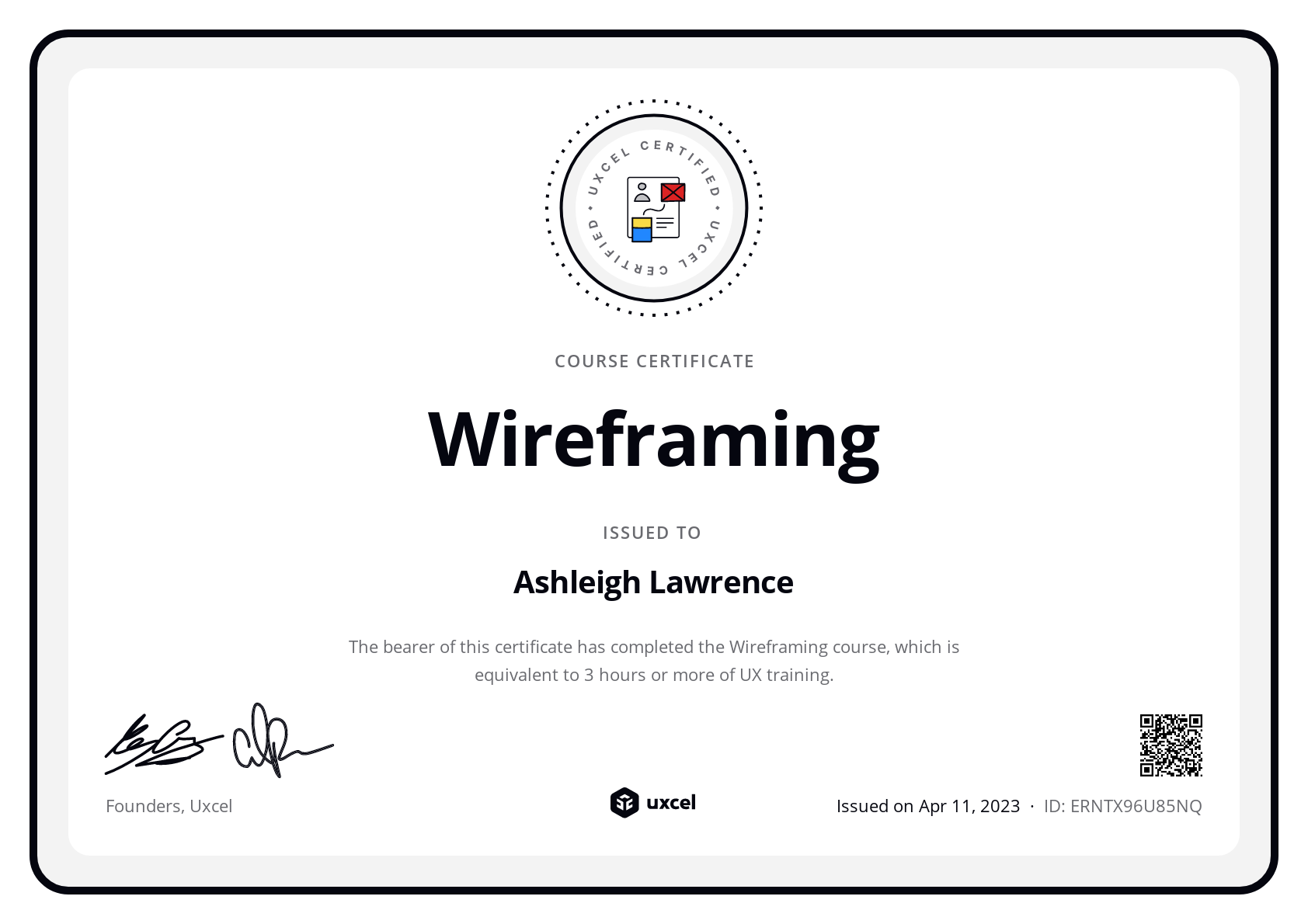 Ashleigh Lawrence's certificate